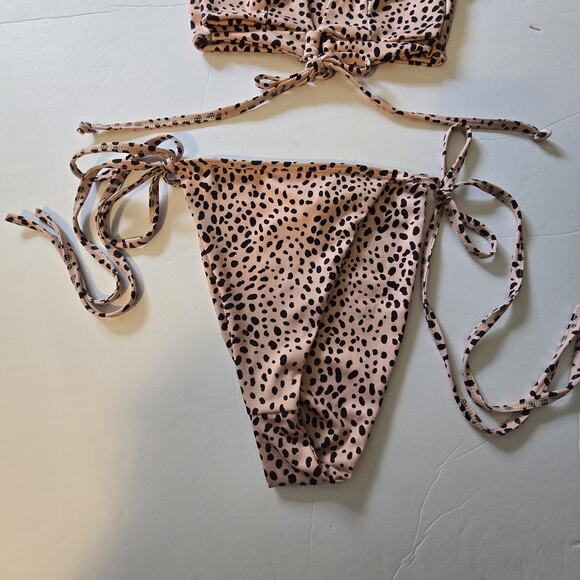 Nasty Gal 2pc Dalmatian Tie Bikini Womens Sz 6 Tan Black High Leg Cutout Front - Picture 2 of 16